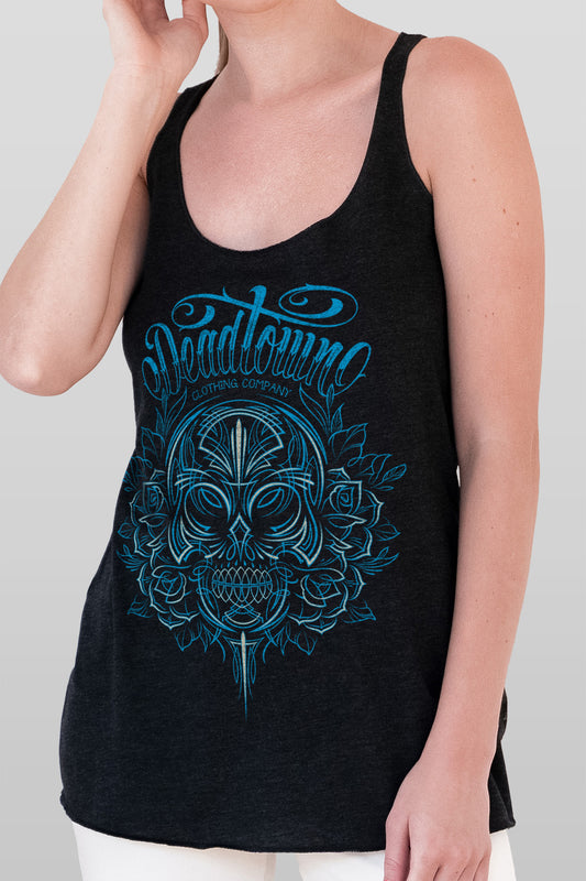 Pinstripe Skull & Roses Racerback Tank